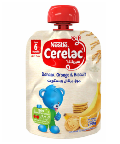 CERELAC PUREE BANANA ,ORANGE AND BISCUIT 90GM